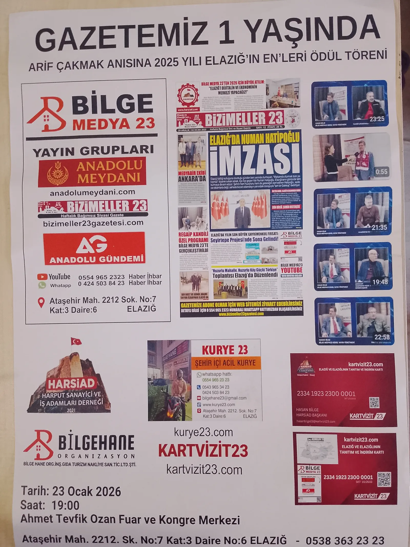 BİZİMELLER 23 GAZETESİ 1. “YILIN ENLERİ” ÖDÜL TÖRENİ 23 OCAK'TA