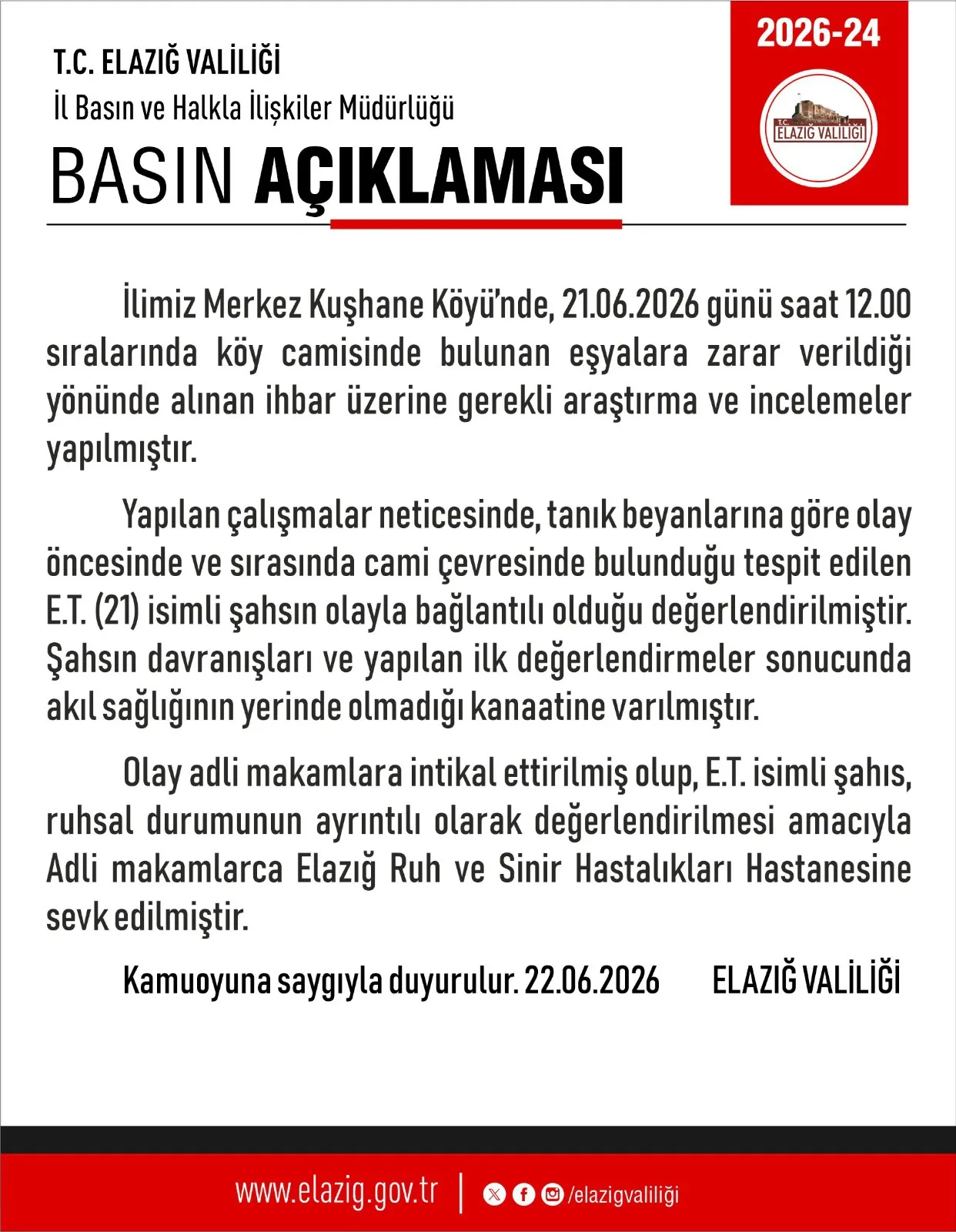 Manşet: ELAZIĞ VALİLİĞİNDEN KUŞHANE KÖYÜNDEKİ CAMİ OLAYIYLA İLGİLİ AÇIKLAMA